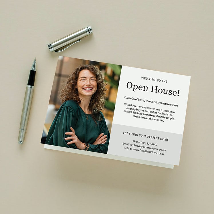 Folded cards make excellent open house leave-behinds, presenting information in a polished and elegant format