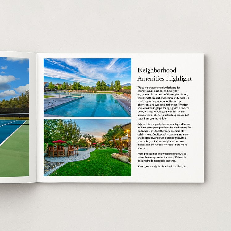 Softcover book highlighting community amenities—a convenient and visually engaging way to introduce your neighborhood to prospective buyers